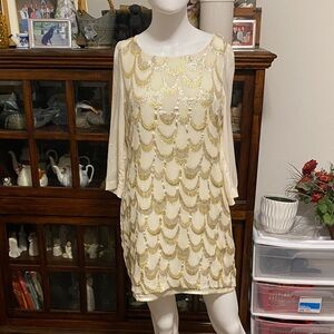 Chic Gold and Cream 3/4 Sleeve Dress